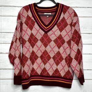 Listicle Argyle Sweater Red V Neck Preppy Knit Pullover Women’s Small